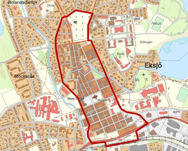 Karta över centrala Eksjö som visar var det är förbud mot att skjuta fyrverkerier.