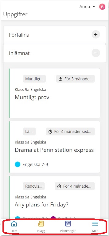 Skärmklipp som visar knapparna på mobilen nertill, Hem med flera