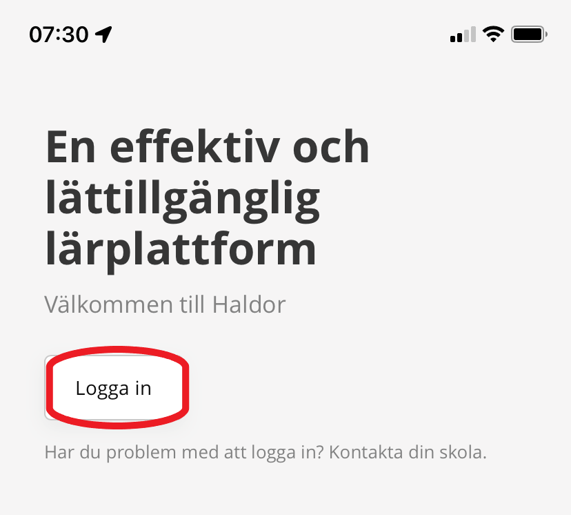 Skärmklipp som visar inloggningsrutan i Haldor förälder