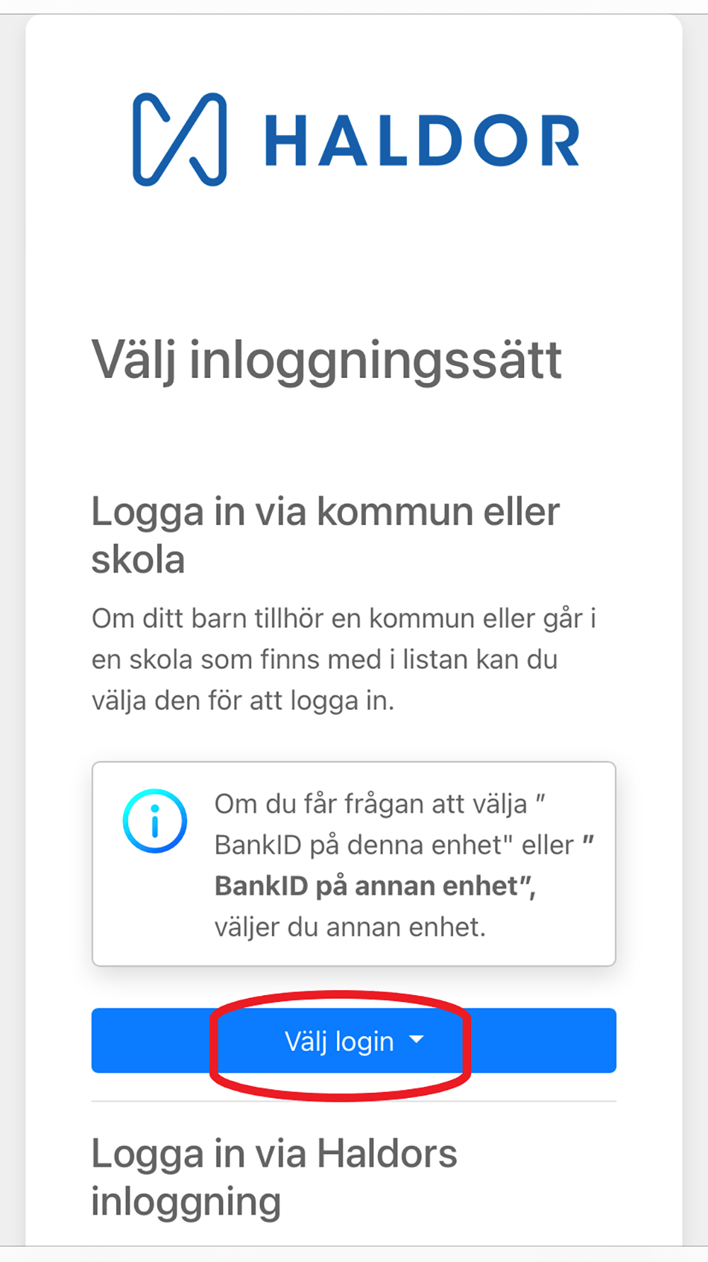 Skärmklipp som visar att man ska välja logga in med Bank-ID