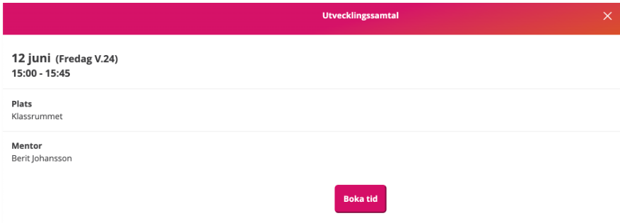 Bild som visar hur det ser ut i Tieto Edu när man klickar Boka tid