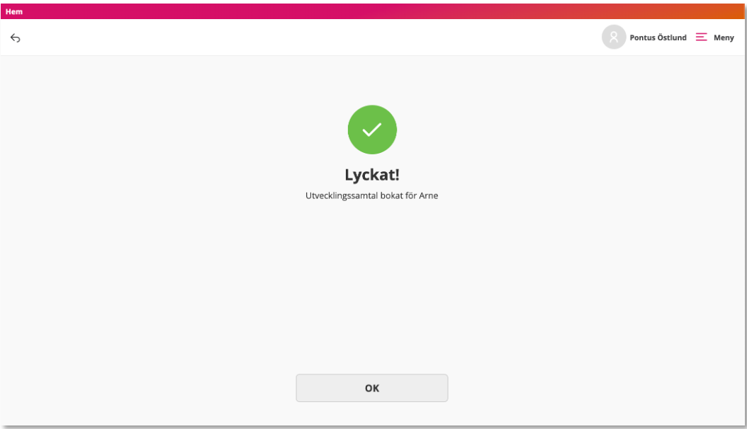 Bild som visar hur det ser ut i Tieto Edu när man klickat på Boka tid och ska kontrollera uppgifterna.