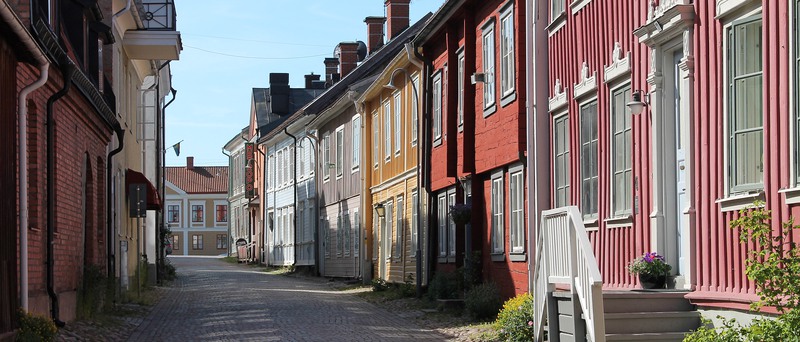 Bilden visar byggnader i olika färger, gata, skyltar och buskar.
