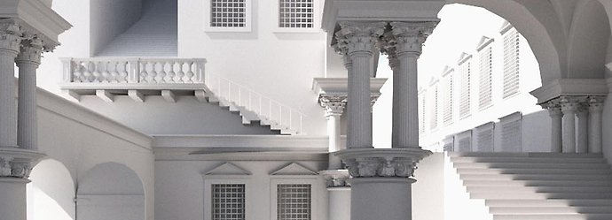 Pelare och en trappa i vitt.