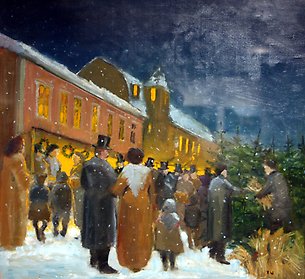 Målning av Rolf Wernersson som visar en julmarknad runt sekelskiftet 1900.